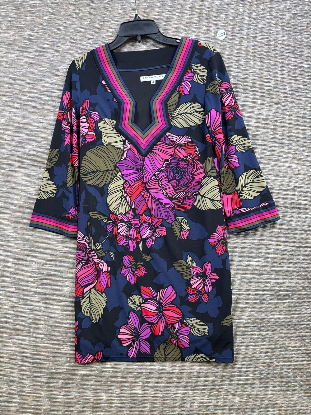 Trina Turk Dress Womens 4 Multicolor Floral V Neck Shift 3/4 Sleeve Short